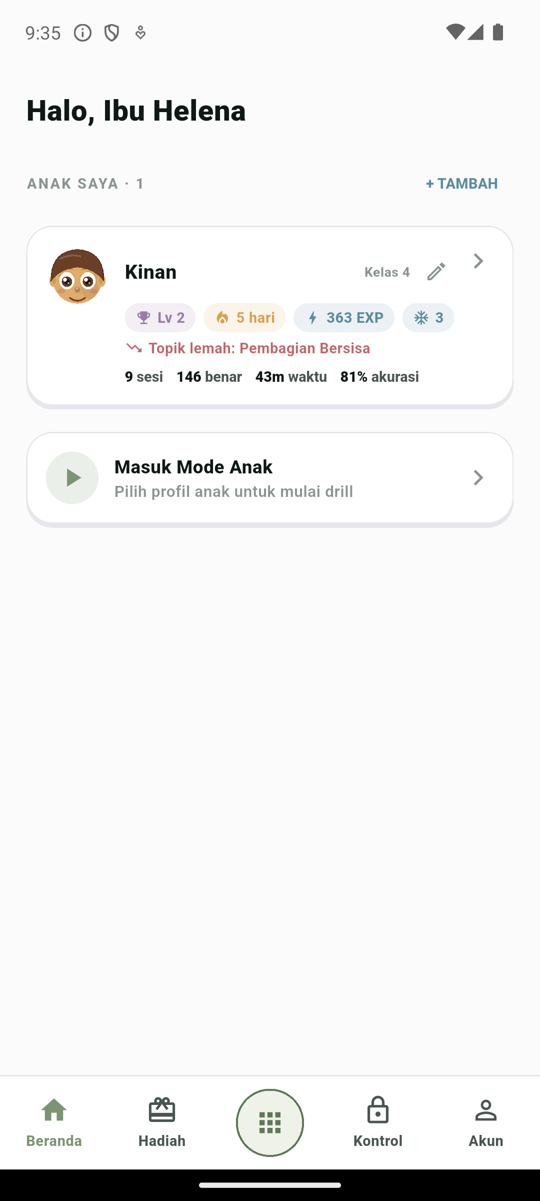 Kartu analitik anak di dashboard orang tua Kepokids: level, streak, EXP, topik lemah, dan statistik mingguan