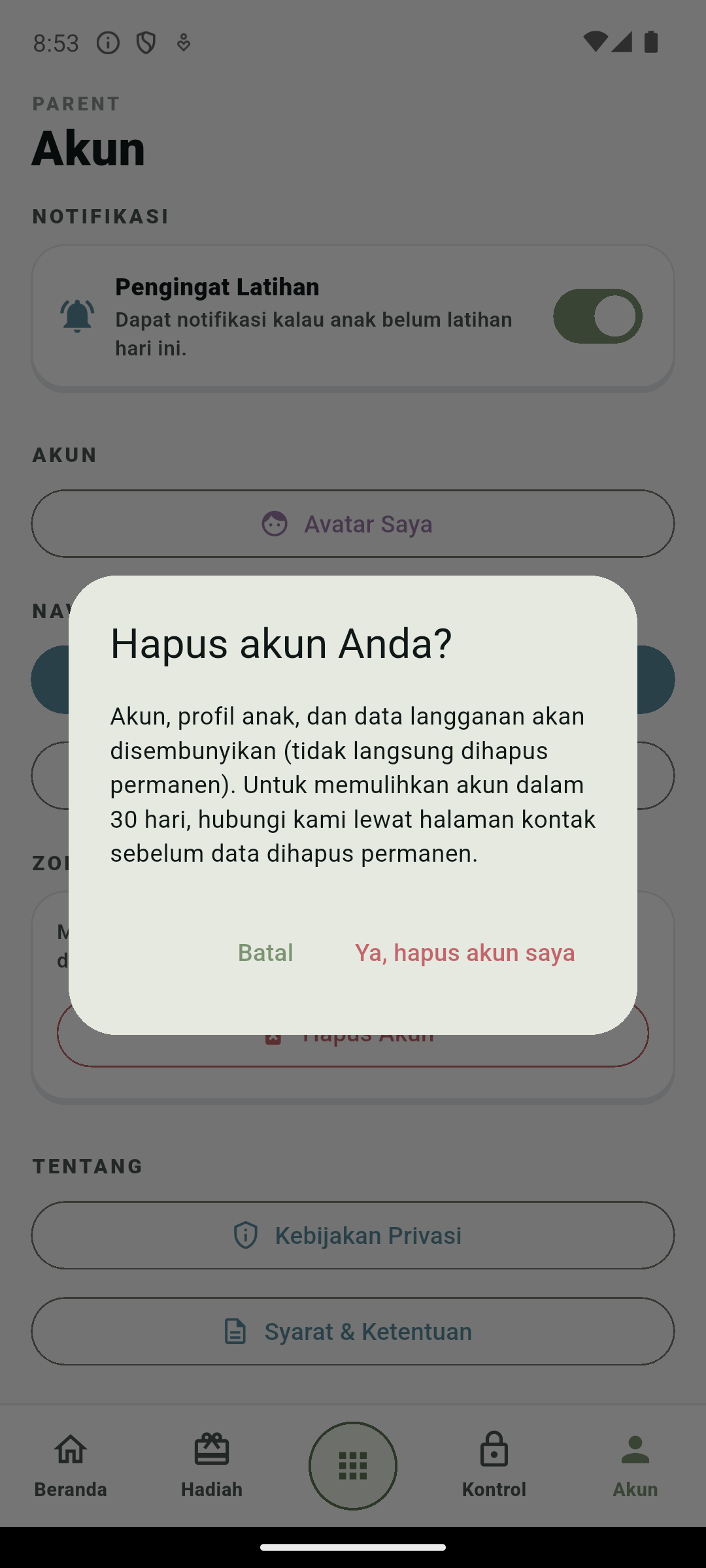 Dialog konfirmasi Hapus akun Anda di Kepokids