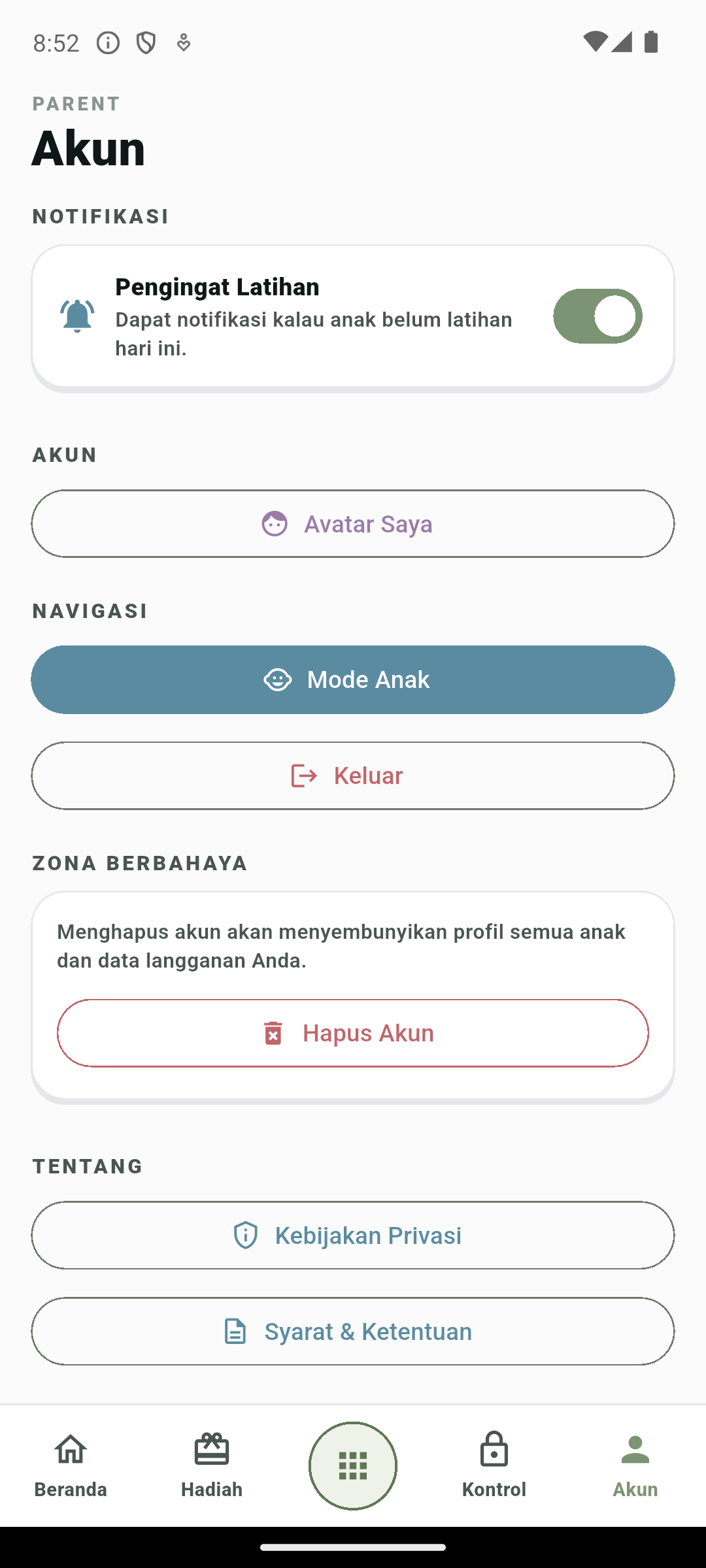 Zona Berbahaya dan tombol Hapus Akun di Kepokids