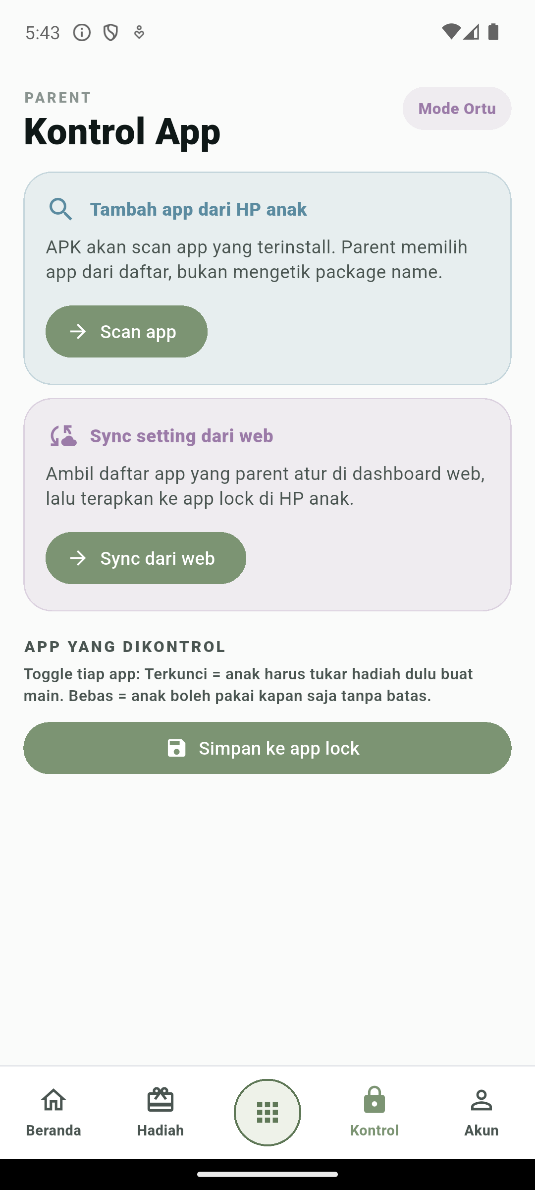 Layar Kontrol App di Mode Orang Tua Kepokids