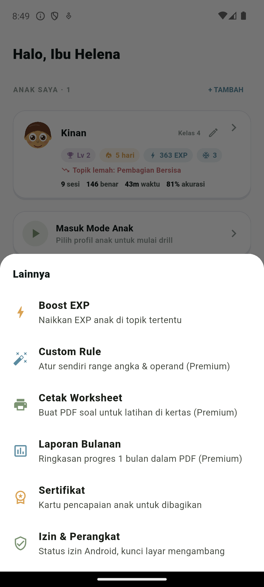 Menu Lainnya dengan Cetak Worksheet di Kepokids