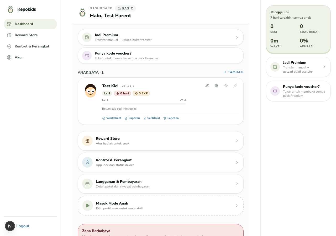 Tampilan dashboard Kepokids dengan menu Akun yang mencakup riwayat aktivitas