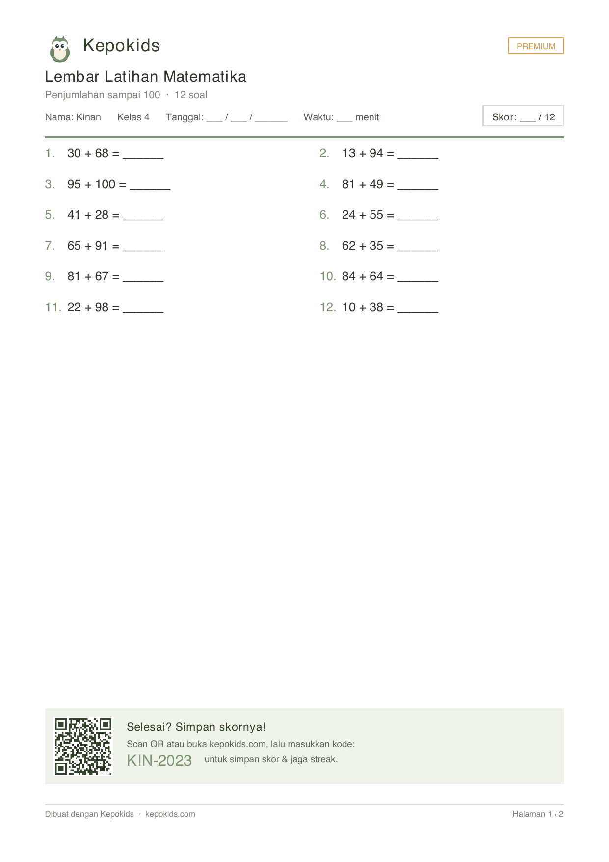 Contoh worksheet PDF Kepokids dengan header owl, soal, dan QR